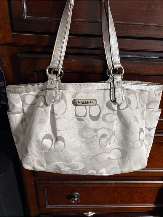 Coach Handbags - Beautiful Coach Silver and Light Gray Signature Tote with Metallic Trim